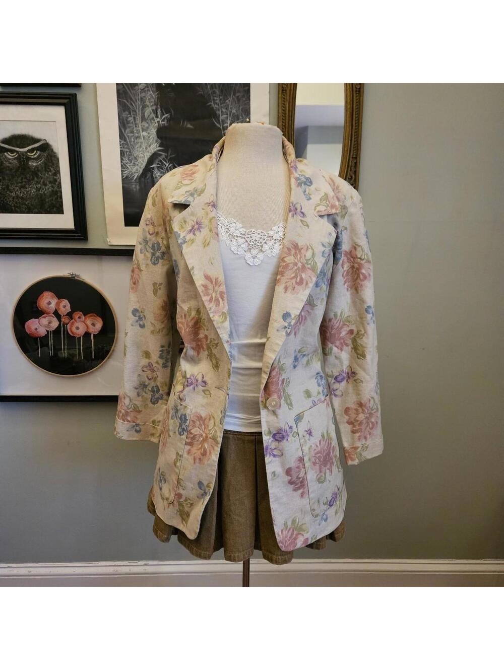 Vintage Floral Blazer, Cotton Linen Blend sz 6